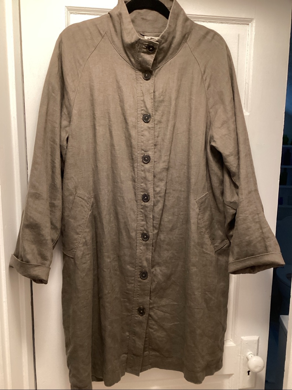 Garnet Hill Linen Olive-Tone Long Trench Coat